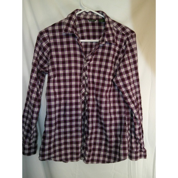 Eddie Bauer Womens Flannel Shirt Medium Purple Tartan Plaid Long Sleeve Size Med - Picture 1 of 3